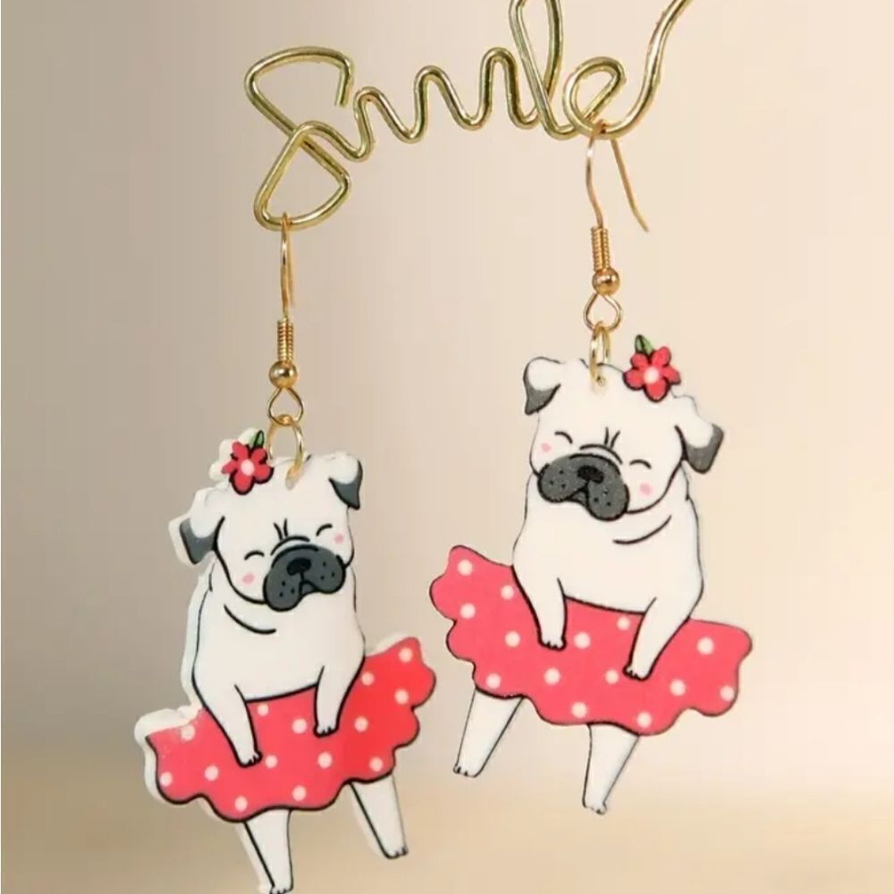 14k Pug Dog in tu tu summer whimsical novelty fun dangle earrings